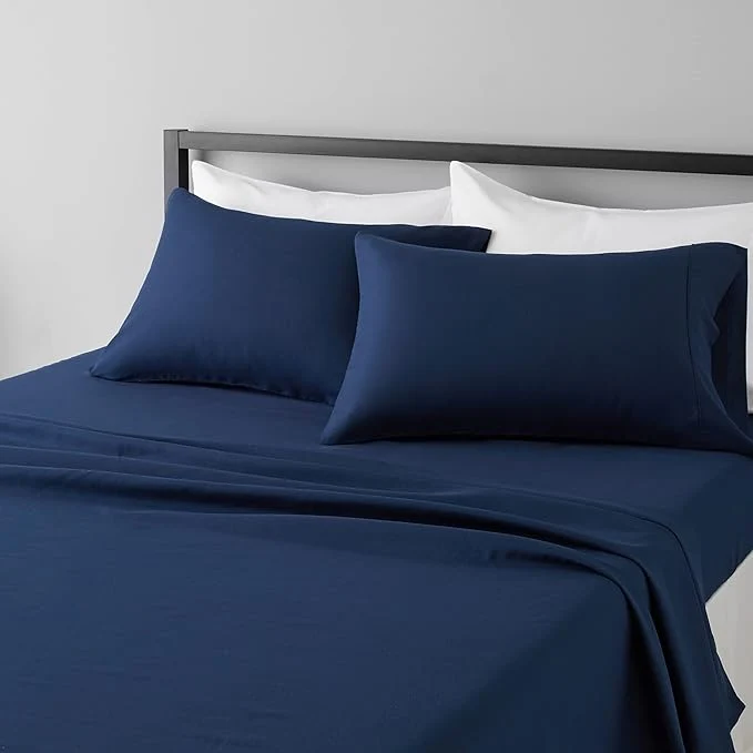 Convenient Amazon Basics Lightweight Super Soft Easy Care Breathable Microfiber 4-Piece Bed Sheet Set with 14-Inch Deep Pockets Machine Washable Wrinkle Resistant King Navy Blue Solid Premium