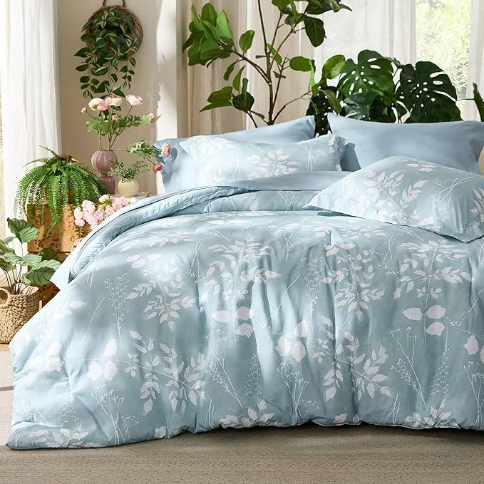 Responsible Bedsure Sky Blue King Comforter Set – 7 Pieces Floral Bedding Sets King Bed in a Bag with Reversible Botanical Flowers Comforter Sheets Pillowcases amp Shams High-Performance