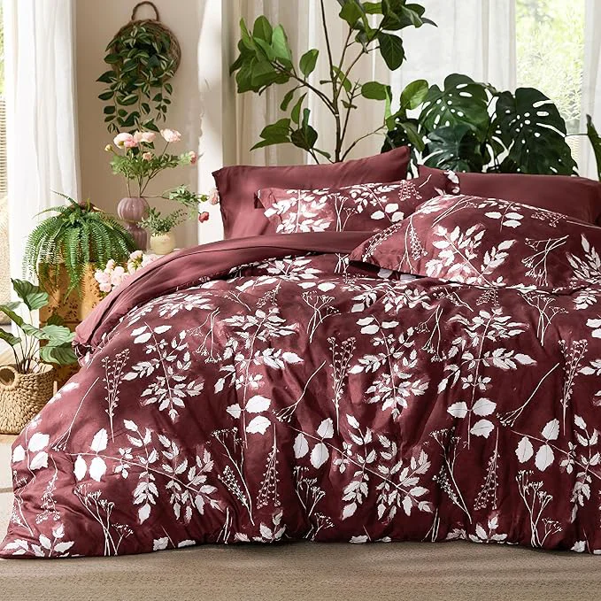 Authentic Bedsure Queen Comforter Set – 7 Pieces Floral Burgundy Soft Bedding Sets Queen Bed in a Bag with Botanical Flowers Comforter Sheets Pillowcases amp Shams Expertly Made