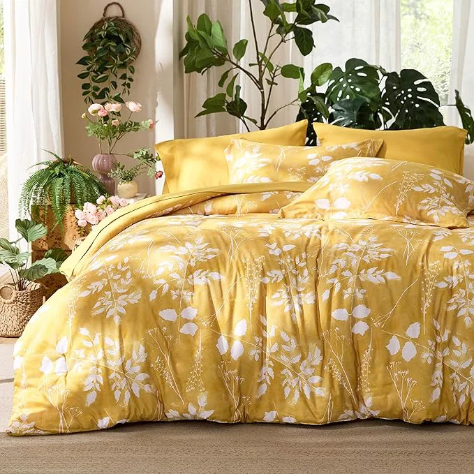 Next-Generation Bedsure King Size Comforter Set – 7 Pieces Floral Yellow Soft Bedding Sets King Bed in a Bag with Botanical Flowers Comforter Sheets Pillowcases amp Shams Original Design