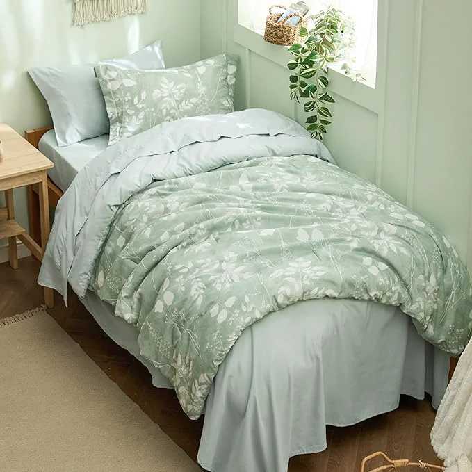 Functional Bedsure Sage Green Twin XL Comforter Set – 5 Pieces Floral Bedding Sets Twin XL Bed in a Bag with Reversible Botanical Flowers Comforter Sheets Pillowcase amp Sham Artisan