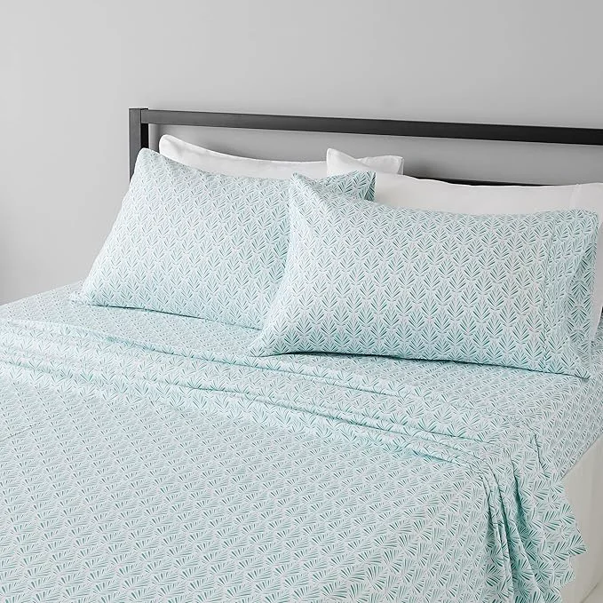 Contemporary Amazon Basics Lightweight Breathable Brushed Microfiber 4-Piece Bed Sheet Set with 14-Inch Deep Pockets Wrinkle Resistant Queen Aqua Fern Printed Unique