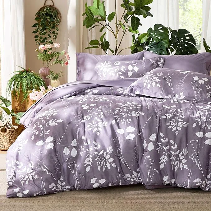 Secure Bedsure Grayish Purple Queen Comforter Set – 7 Pieces Floral Bedding Sets Queen Bed in a Bag with Reversible Botanical Flowers Comforter Sheets Pillowcases amp Shams Fine