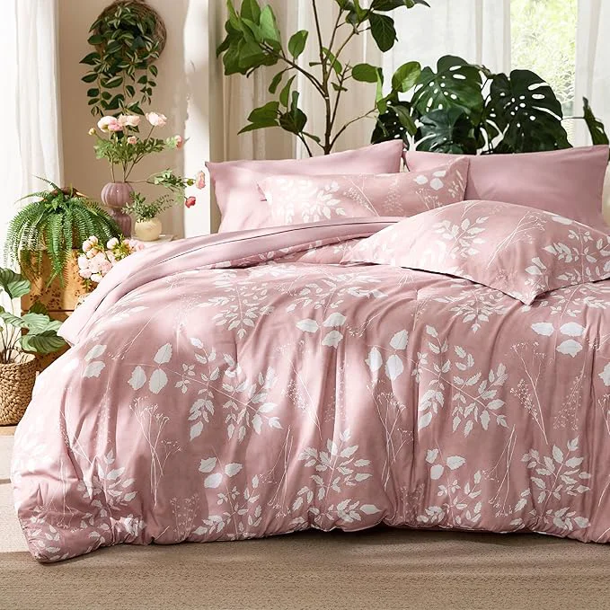Organic Bedsure Rose Pink Full Comforter Set – 7 Pieces Floral Bedding Sets Full Bed in a Bag with Reversible Botanical Flowers Comforter Sheets Pillowcases amp Shams Powerful