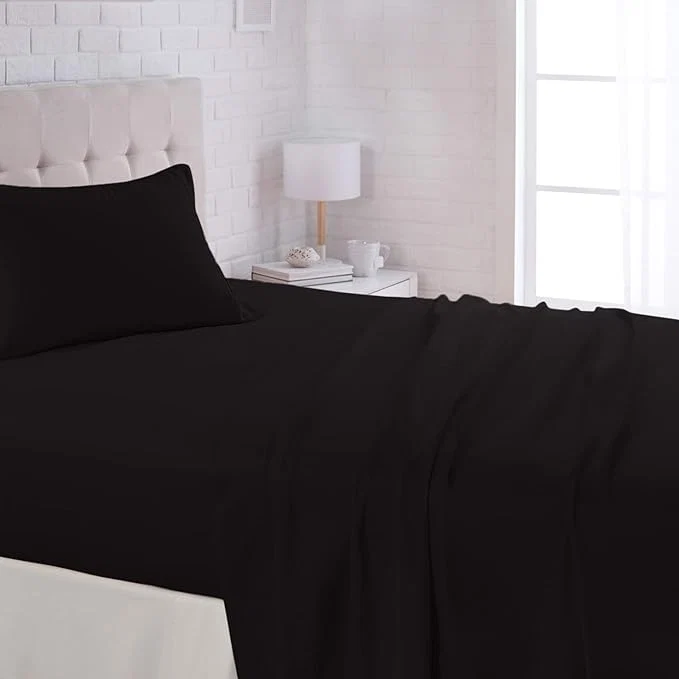 Recyclable Amazon Basics Lightweight Breathable Super Soft Easy Care Wrinkle Resistant Brushed Microfiber 3 Piece Bed Sheet Set with 14-Inch Deep Pockets Twin Black Solid Safe