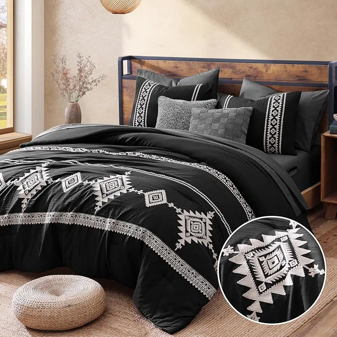 Sustainable MaiRêve Embroidery Comforter Set Boho Farmhouse Western Bedding Set All Season Bed in A Bag Comforter Set with Sheets Pillowcases amp Shams Black King 7 Pieces Advanced