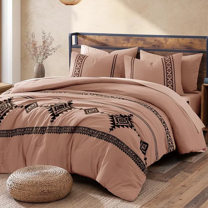 Fashionable MaiRêve Embroidery Comforter Set Boho Farmhouse Western Bedding Set All Season Bed in A Bag Comforter Set with Sheets Pillowcases amp Shams Dusty Pink King 7 Pieces Practical