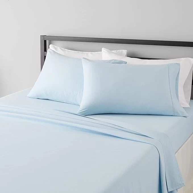 Traditional Amazon Basics Lightweight Super Soft Easy Care Microfiber 4-Piece Bed Sheet Set with 14-Inch Deep Pockets King Light Blue Solid Advanced