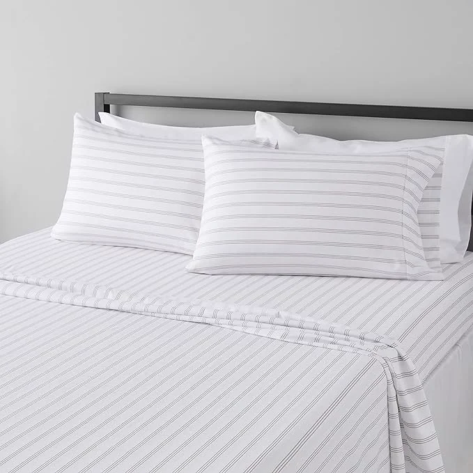Durable Amazon Basics Lightweight Breathable Brushed Microfiber 4-Piece Bed Sheet Set Wrinkle Resistant with 14-Inch Deep Pockets Queen Taupe Stripe Contemporary