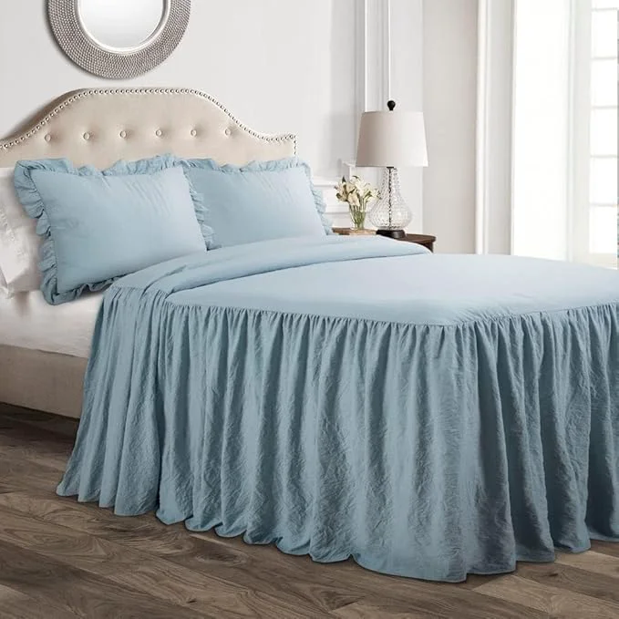 Sophisticated Lush Decor Ruffle Skirt Bedspread Set – 3-Piece Luxurious Farmhouse Bedding – Elegant Ruffle Detail – Timeless Style – Soft Lightweight Sheets – Queen Lake Blue Fine