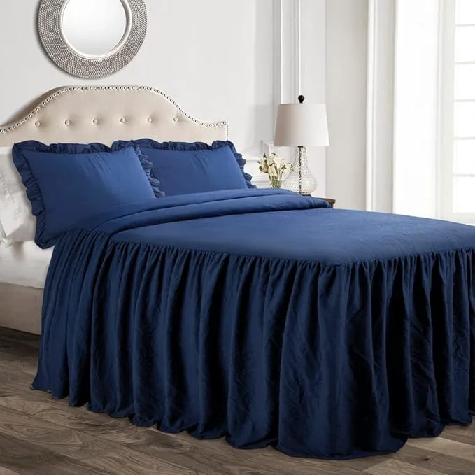 Premium Lush Decor Ruffle Skirt Bedspread Set – 3-Piece Luxurious Farmhouse Bedding – Elegant Ruffle Detail – Timeless Style – Soft Lightweight Sheets – Queen Navy Detailed