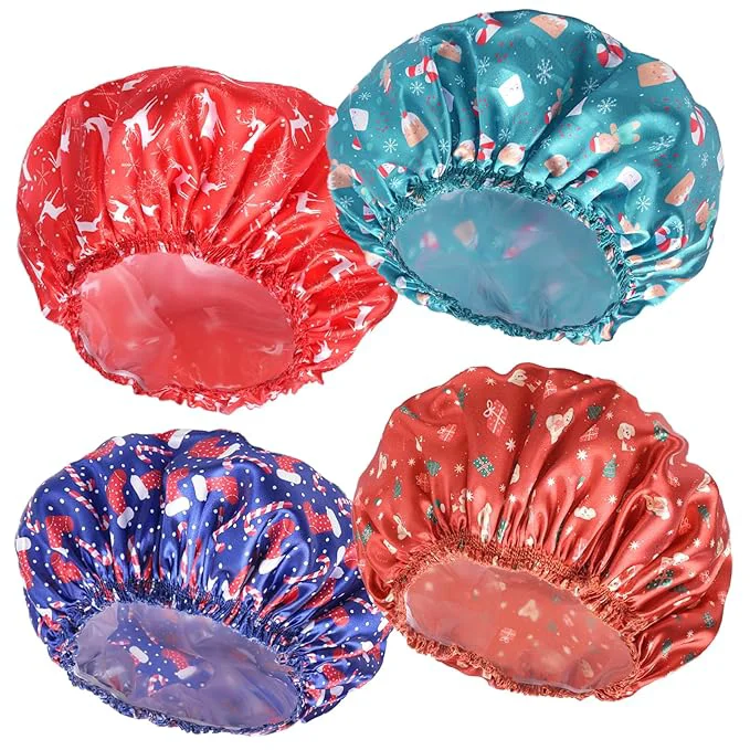 Outstanding 4 PCS Shower Cap for Women Elastic and Reusable Bath Caps Double Layers High-Grade