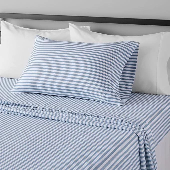 Smart Amazon Basics Breathable Brushed Microfiber Wrinkle Resistant 3 Piece Bed Sheet Set with 14-Inch Deep Pockets Twin Dusty Blue Pinstripe Printed Original Design