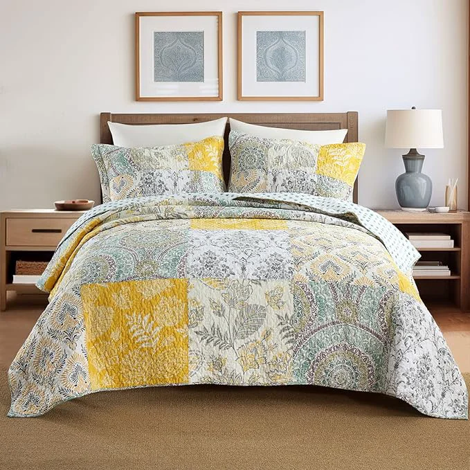 Enhanced Secgo King Size Comforter Set- Cotton Quilt King Size Set Green Sage bedspreads 96 108 Inch with 2 Pillow Shams Patchwork Reversible Lightweight Bedding Classic