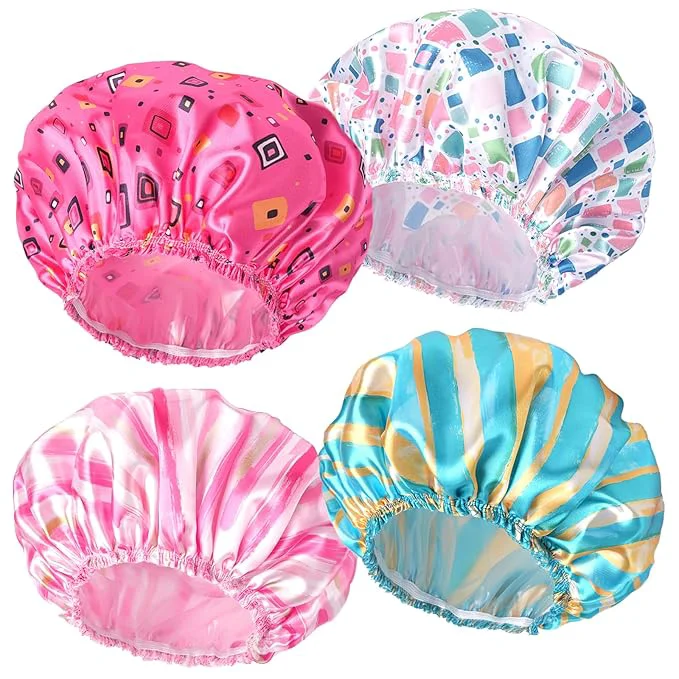 Clean 4 PCS Shower Cap for Women Elastic and Reusable Bath Caps Double Layers Powerful