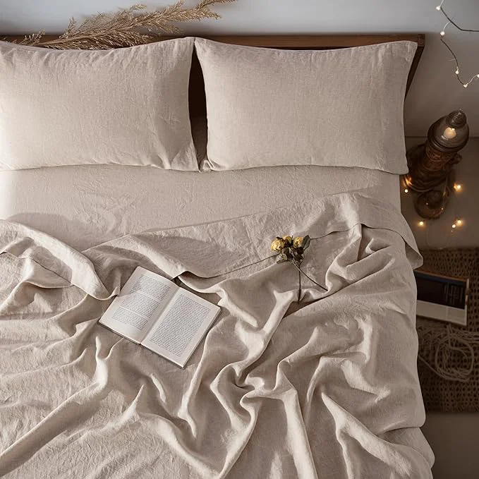Selected LBRO2M Pure Linen Sheet Set Deep Pocket Up to 16 quot Bed Sheets Sets Natural Flax Beddings Soft Breathable Comfortable for All Seasons 4 Pcs Sheet Set King Size Linen Color Authentic