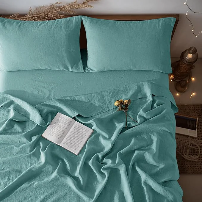 Optimized LBRO2M Pure Linen Sheet Set Deep Pocket Up to 16 quot Bed Sheets Sets Natural Flax Beddings Soft Breathable Comfortable for All Seasons 4 Pcs Sheet Set King Size Aqua Professional