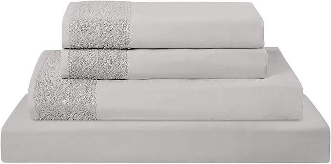 Exclusive Modern Threads 4 Piece Microfiber Sheet Set – Soft Cooling Bed Sheets with Crochet Lace – Deep Pocket Wrinkle Breathable Hotel Luxury Bedding Light Gray Queen Secure