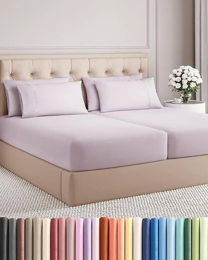 Effective Split King 7 Piece Sheet Set – Comfy Breathable amp Cooling – Soft Hotel Luxury Bedding Set w 8-16 Inch Deep Pockets – 1 Flat amp 2 Fitted Sheet amp 4 Pillowcases – Cozy and Wrinkle – Light Lavender Comfortable
