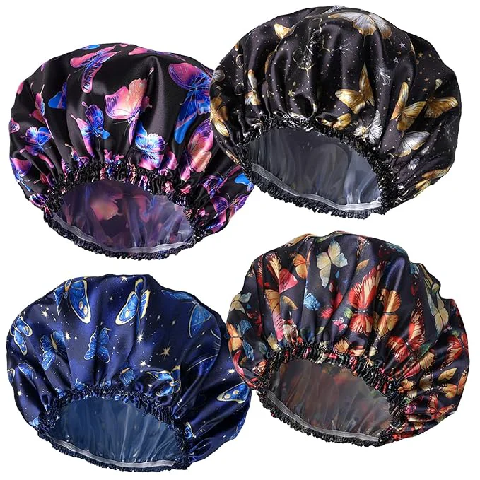 Original 4 PCS Shower Cap for Women Elastic and Reusable Bath Caps Double Layers Casual