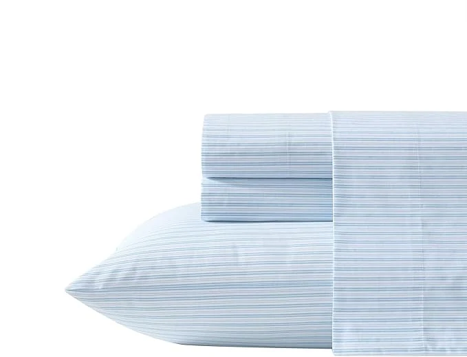 Advanced Laura Ashley – Full Sheet Set Crisp amp Cool Cotton Percale Bed Sheets Deep Pockets Striped Bedding with Matching Fitted Sheet amp Pillowcases Bedford Skinny Stripe Blue Specialty