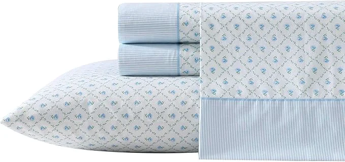 User-Friendly Laura Ashley – Sheet Set Breathable Percale Cotton Bedding 200 Thread Count Deep Pocket Chic Home Decor Kate Blue Queen Sustainable