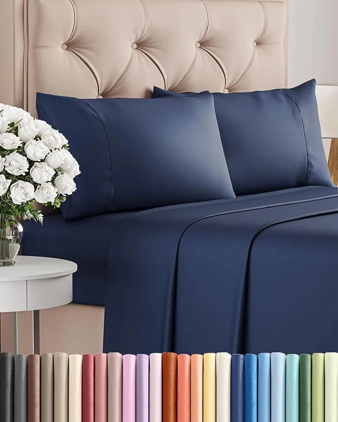 Effective Twin XL 4 Piece Sheet Set – Comfy Breathable amp Cooling – Ultra-Soft Hotel Luxury Bedding Set w 8-16 Inch Deep Pockets – 1 Flat amp 1 Fitted Sheet amp 2 Pillowcases – Wrinkle amp Easy Care – Navy Blue Elite