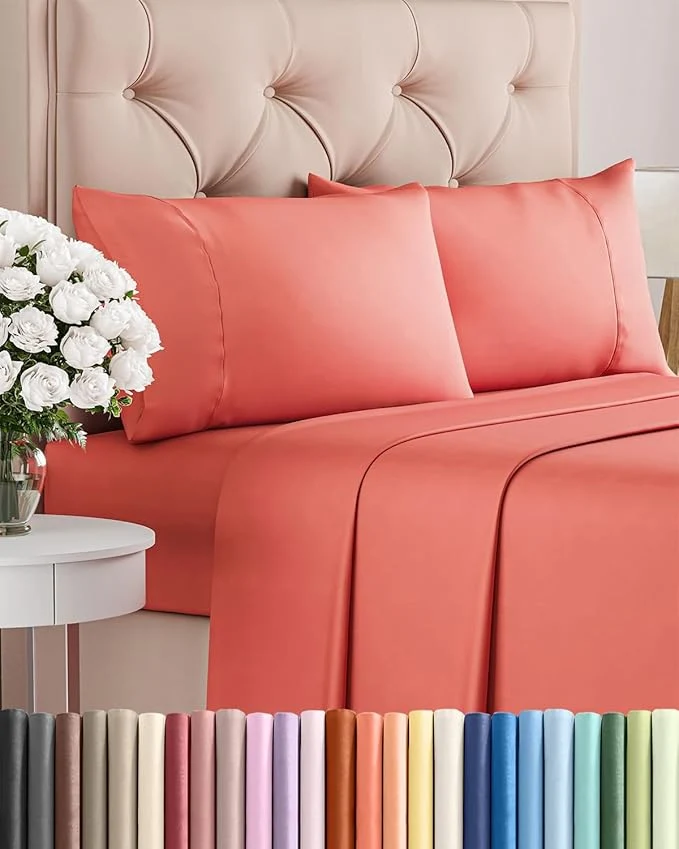 Versatile Twin XL 4 Piece Sheet Set – Comfy Breathable amp Cooling – Ultra Soft Hotel Luxury Bedding Set w 8-16 Inch Deep Pockets – 1 Flat amp 1 Fitted Sheet amp 2 Pillowcases – Wrinkle and Easy Care – Coral Genuine