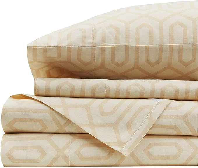 Smooth Comfort Spaces 144TC Cotton Sheet Set Breathable Lightweight Soft with Elastic Deep Pocket Modern All Season Cozy Bedding Matching Pillow Case Cal King Diamond Tan 4 Piece Proven