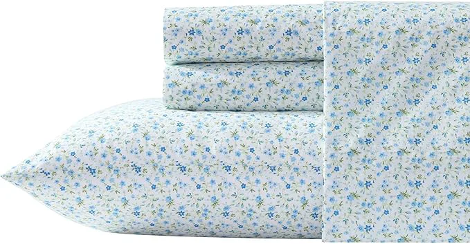 Sophisticated Laura Ashley – Twin XL Sheet Set Crisp amp Cool Cotton Percale Bedding with Deep Pockets Lightweight for Year Round Comfort Bed Sheets with Matching Pillowcase Evie Blue Long-Lasting