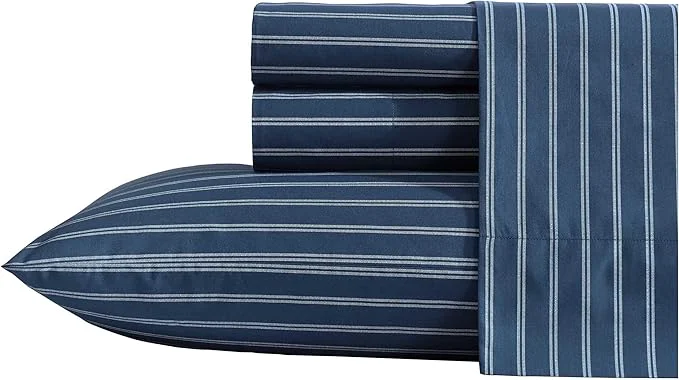 Authentic Nautica – King Sheets Premium Cotton Percale Bedding Set Striped Home Decor Oeko-Tex Richmond Stripe Blue King Efficient
