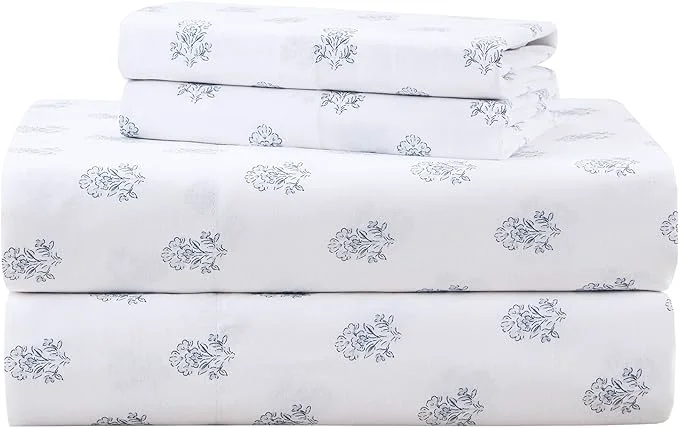 Advanced Comfort Spaces Cotton Sheets Twin XL Breathable Naturally Cool Cotton Sheets Soft Cotton Bed Sheets with 12 quot Elastic Pocket Fits up to 14 quot Mattress All Seasons Sheet Set Floral Blue 3 Piece Smooth