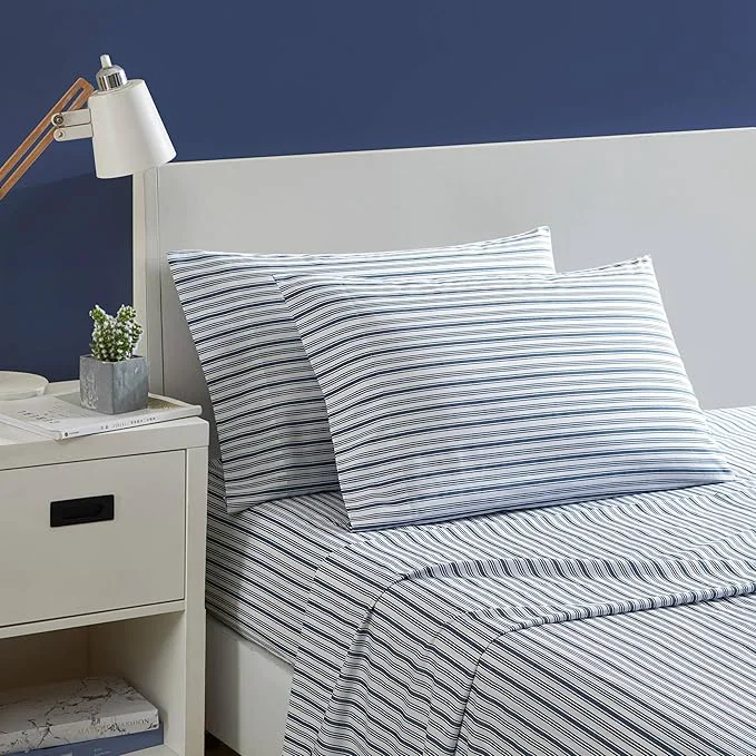 Modern Nautica – King Size Sheets Cotton Percale Preppy Bedding Set Crisp amp Cool Lightweight amp Breathable Coleridge Stripe Blue King Healthy