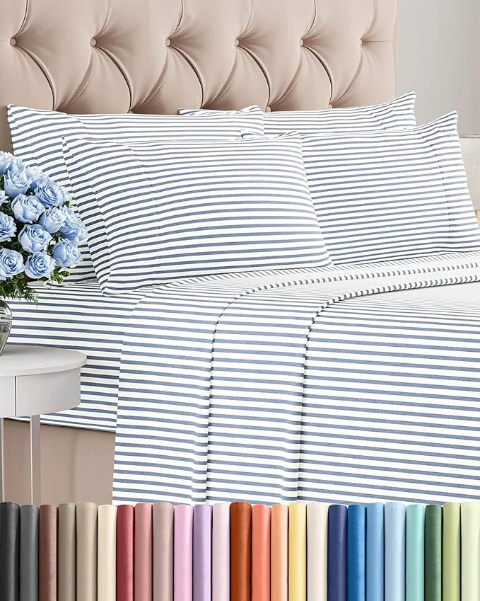 Queen 6 Piece Sheet Set – Comfy Breathable amp Cooling – Soft Hotel Luxury Bedding Set with 8-16 Inch Deep Pockets – 1 Flat amp 1 Fitted Sheet amp 4 Pillowcases – Wrinkle amp Easy Care – Blue Stripes 2 Verified