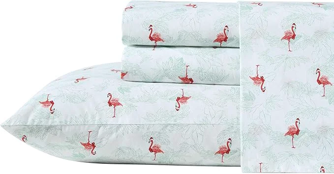 Classic Tommy Bahama – King Size Sheet Set Crisp amp Cool Cotton Percale Bedding with a Smooth Lightweight Feel 4 Piece Holiday Bed Sheets with Matching Pillowcases Flamingo Santa Green Premium Material
