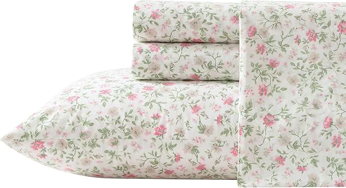 Trusted Laura Ashley – Twin Sheet Set Super Soft Cotton Percale Bedding Set with Matching Sham Oeko-Tex Bonnie Pink Twin Artisan