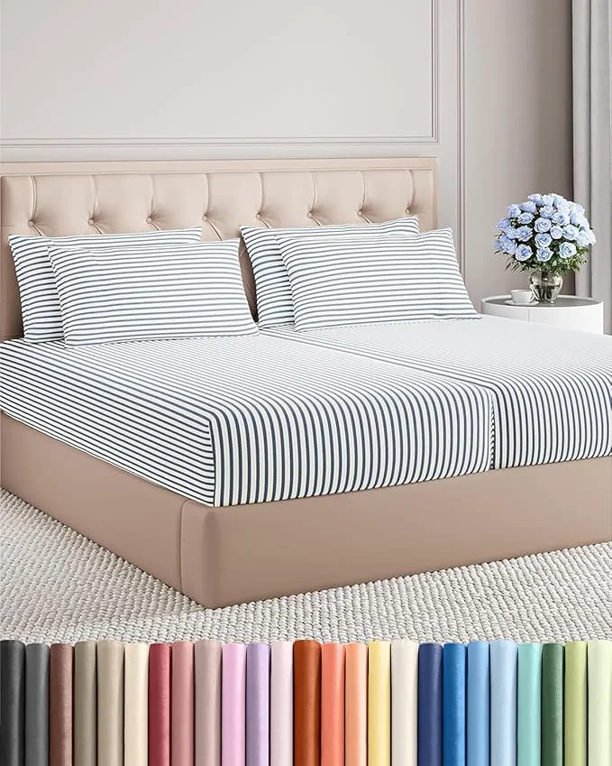 Advanced Split King 7 Piece Sheet Set – Comfy Breathable amp Cooling – Soft Hotel Luxury Bedding Set w 8-16 Inch Deep Pockets – 1 Flat amp 2 Fitted Sheet amp 4 Pillowcases – Cozy and Wrinkle – Blue Stripes 2 Dependable