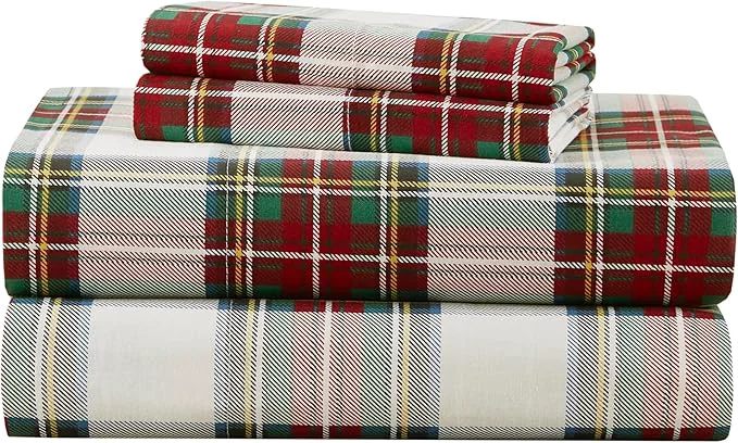 Eco-Friendly Comfort Spaces Cotton Sheets Cal King Breathable Naturally Cool Cotton Sheets Cotton Bed Sheets 14 quot Elastic Pocket Fits up to 16 quot Mattress All Seasons Sheet Set Scottish Plaid Red 4 Piece Certified