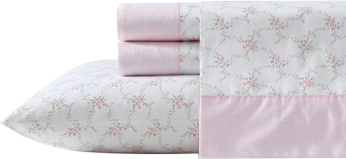 Sophisticated Laura Ashley – Queen Sheet Set Crisp amp Cool Cotton Percale Bedding with Deep Pockets Lightweight for Year Round Comfort Bed Sheets with Matching Pillowcases Lynda Pink Smart