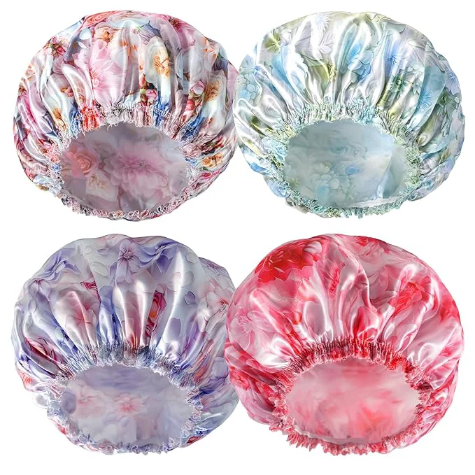 Premium 4 PCS Shower Caps for Women Printing Bath Caps Double Layers Shower Cap Premium Material