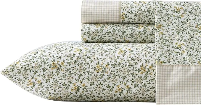 Trendy Laura Ashley – Queen Sheet Set Breathable Percale Cotton Bedding with Deep Pockets Chic Home Decor Oeko-Tex Tierney Green Queen Advanced