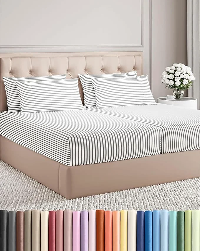 First-Class Split King 7 Piece Sheet Set – Comfy Breathable amp Cooling – Soft Hotel Luxury Bedding Set w 8-16 Inch Deep Pockets – 1 Flat amp 2 Fitted Sheet amp 4 Pillowcases – Cozy and Wrinkle – Grey Stripes 2 Modern