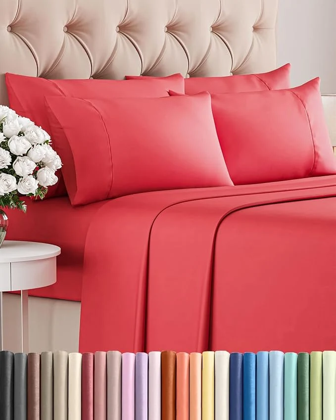 Sophisticated Queen 6 Piece Sheet Set – Comfy Breathable amp Cooling – Ultra Soft Hotel Luxury Bedding Set with 8-16 Inch Deep Pockets – 1 Flat amp 1 Fitted Sheet amp 4 Pillowcases – Cozy Wrinkle amp Easy Care – Red Optimized