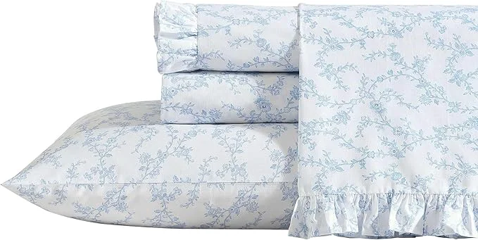 Contemporary Laura Ashley – Queen Sheet Set Breathable Percale Cotton Bedding 200 Thread Count Floral Home Decor Victoria Blue Queen Next-Generation