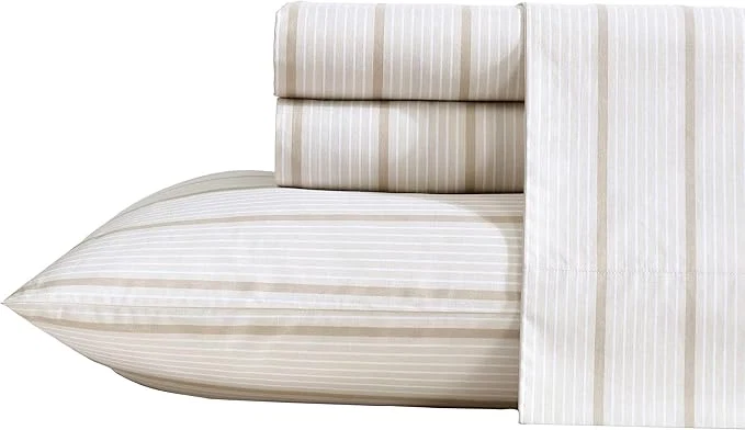 Contemporary Nautica – Full Sheets Premium Cotton Percale Bedding Set Striped Home Decor Oeko-Tex Merrick Stripe Beige Full Solid