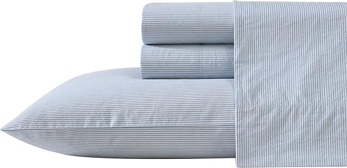 Fine Crafted Nautica – Twin XL Sheet Set Cotton Percale Bedding Set Crisp amp Cool Lightweight amp Breathable Penny Pinstripe Blue Twin XL Fashionable