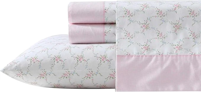 Expertly Made Laura Ashley – Sheet Set Breathable Percale Cotton Bedding 200 Thread Count Deep Pocket Chic Home Decor Lynda Pink Full High-Performance
