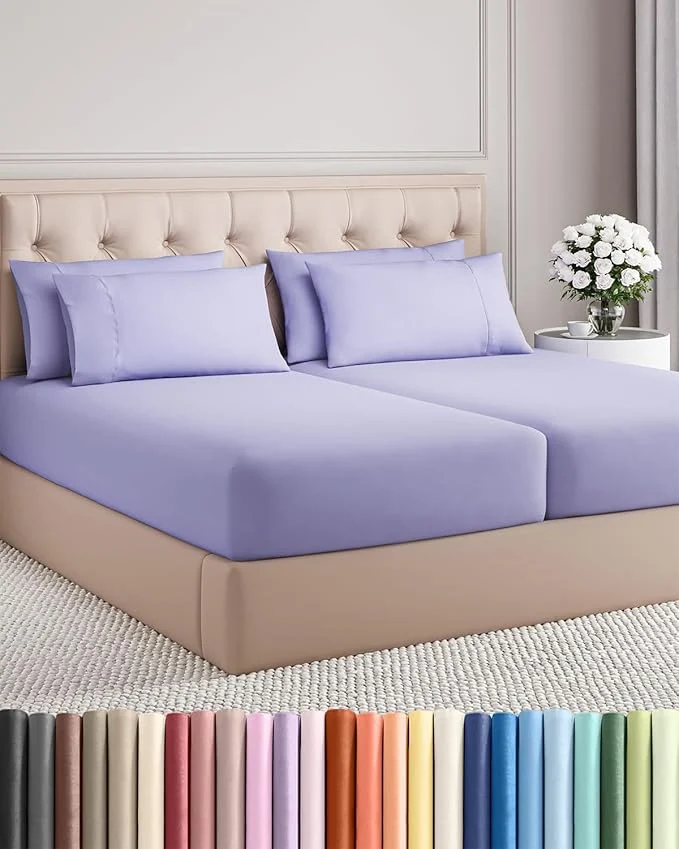 Superior Split King 7 Piece Sheet Set – Comfy Breathable amp Cooling – Soft Hotel Luxury Bedding Set with 8-16 Inch Deep Pockets – 1 Flat amp 2 Fitted Sheet amp 4 Pillowcases – Wrinkle amp Easy Care – Lavender Organic
