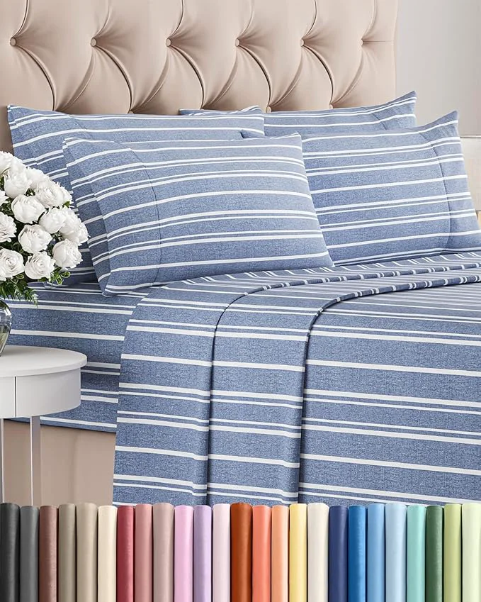 Verified Queen 6 Piece Sheet Set – Comfy Breathable amp Cooling – Soft Hotel Luxury Bedding Set with 8-16 Inch Deep Pockets – 1 Flat amp 1 Fitted Sheet amp 4 Pillowcases – Wrinkle amp Easy Care – Blue Stripes 3 Durable