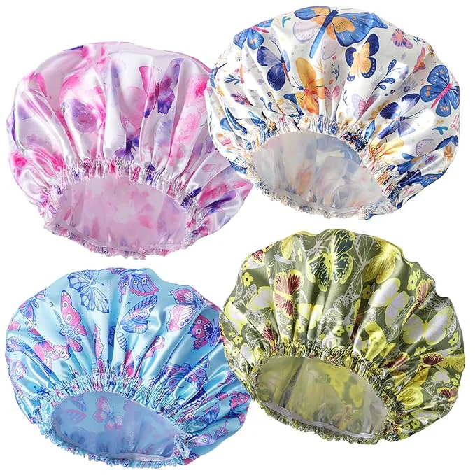 Solid 4 PCS Shower Cap for Women Elastic and Reusable Bath Caps Double Layers Classic